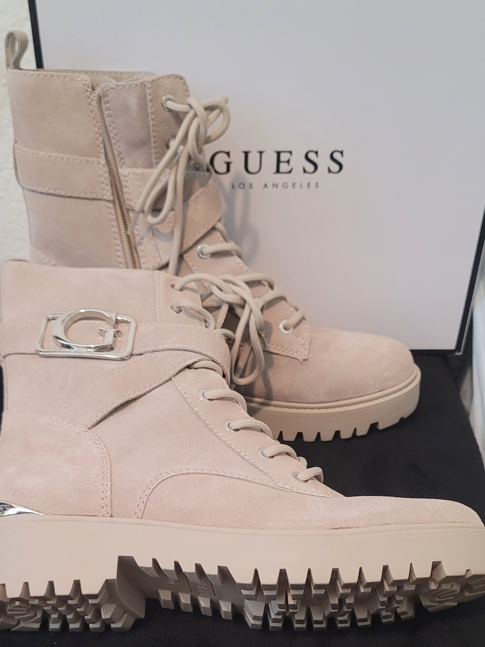 GUESS Beige Suede Lace-Up Combat Boots with Buckle